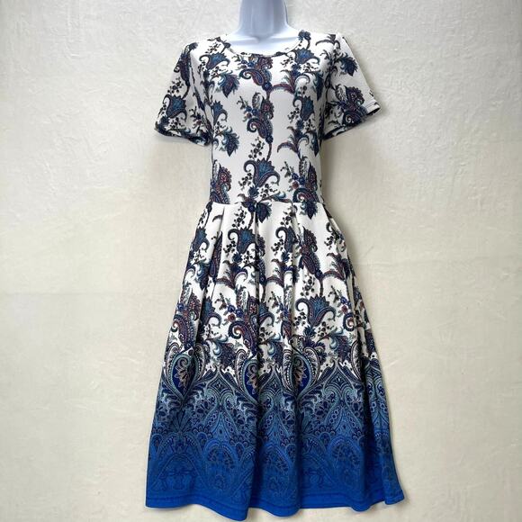 LuLaRoe Dresses & Skirts - LuLaRoe Amelia Fit & Flare Stretch Dress Blue Ombre Floral Paisley Pockets Large